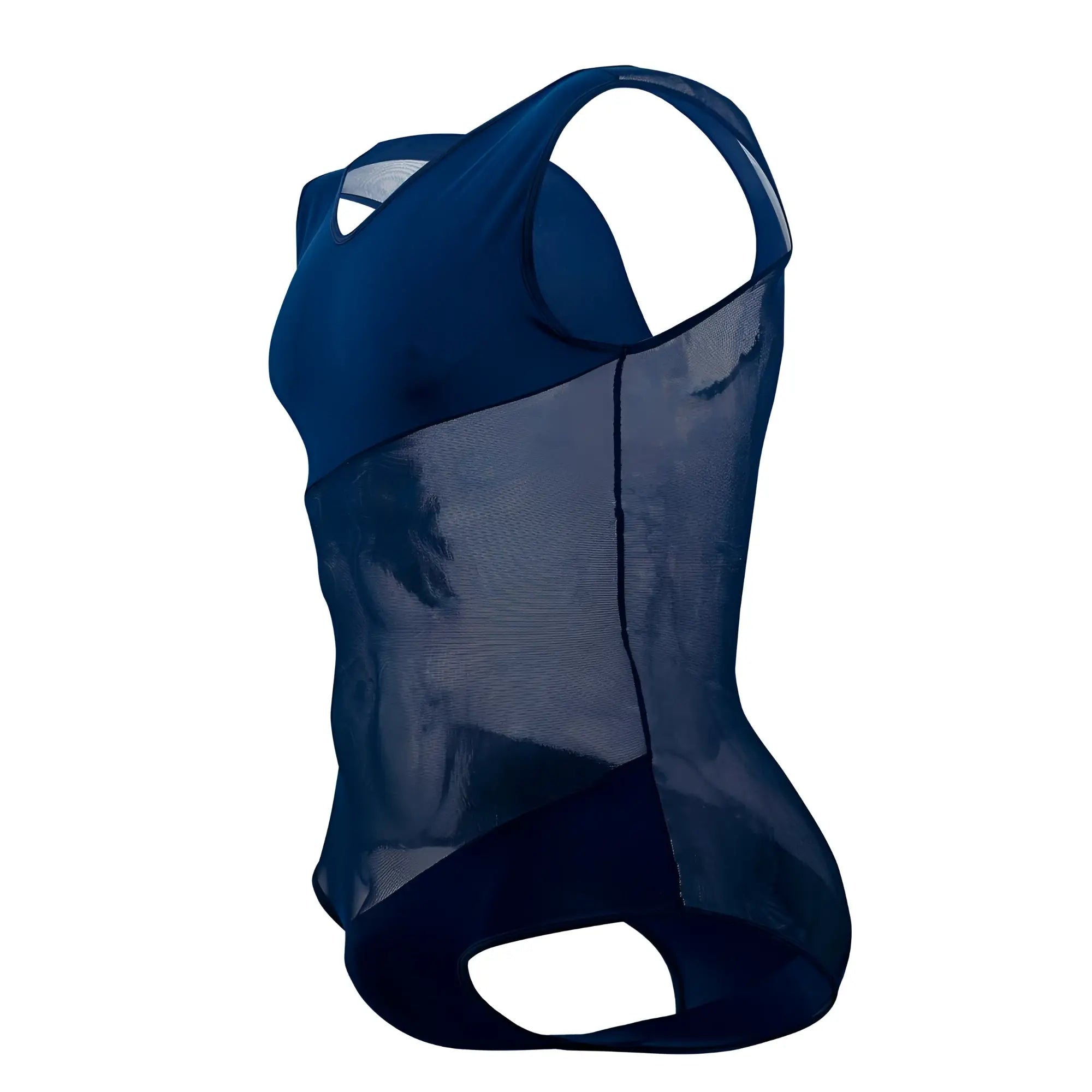 Plural pl002 bodysuit in blue featuring navy mesh and solid fabric with a cut-out back design shown from the back