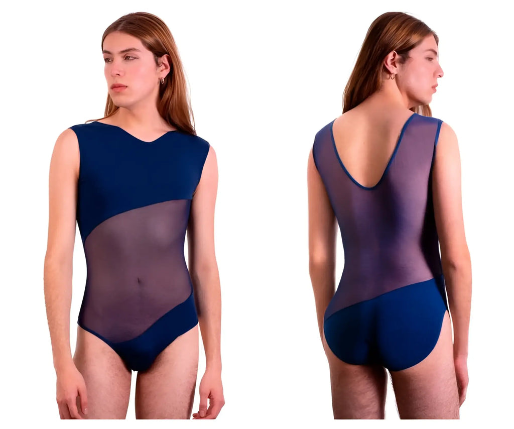 Plural PL002 bodysuit in navy blue and sheer purple with v-neckline back cutout and seamless design