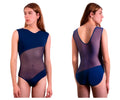 Plural PL002 bodysuit in navy blue and sheer purple with v-neckline back cutout and seamless design
