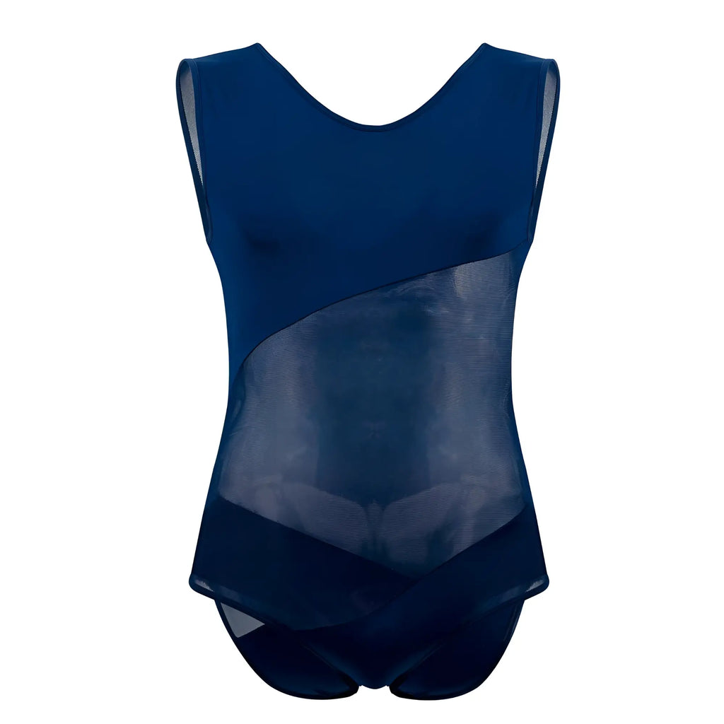 A navy blue PLURAL PL002 sleeveless bodysuit with a sheer mesh panel across the torso made of lightweight fabric