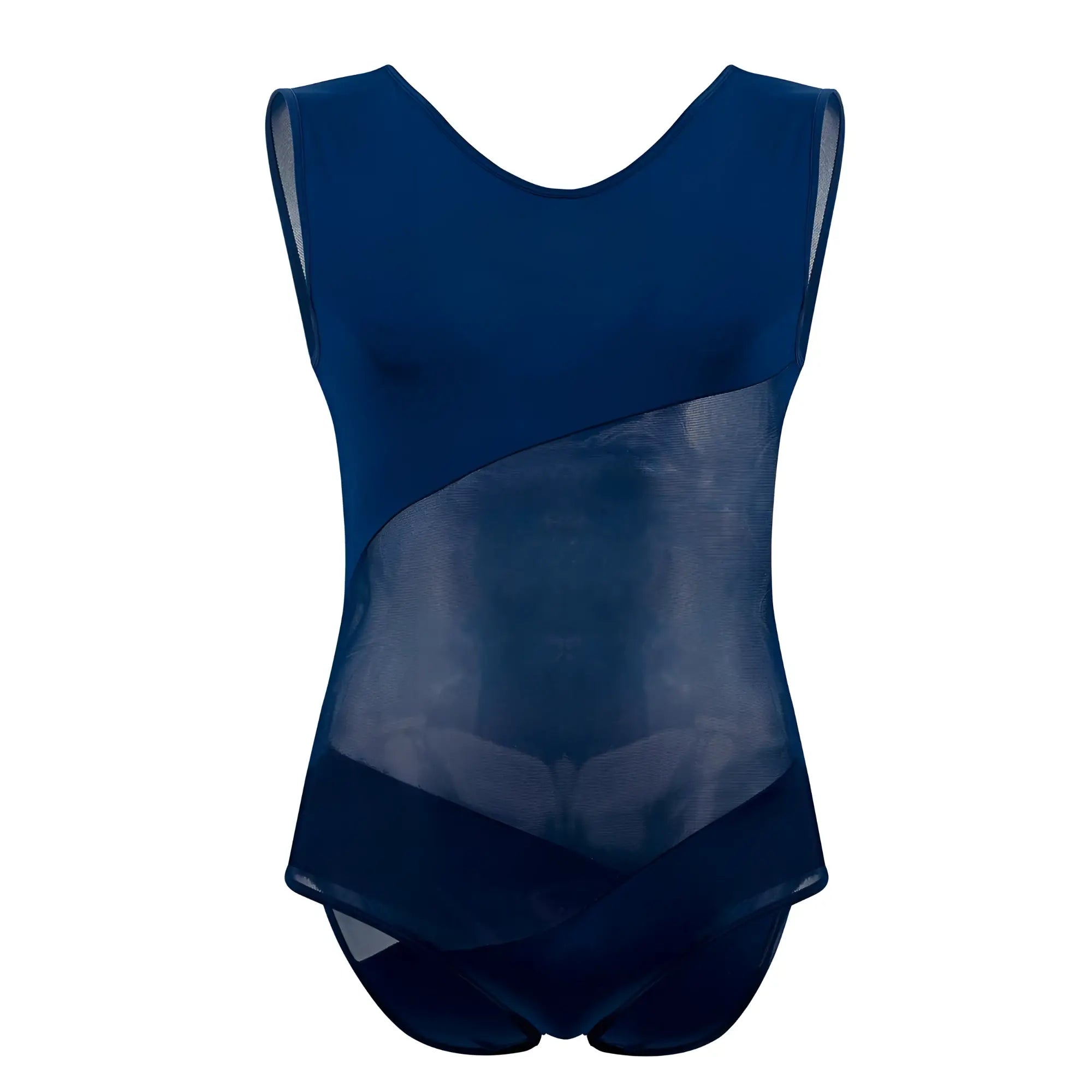 A navy blue PLURAL PL002 sleeveless bodysuit with a sheer mesh panel across the torso made of lightweight fabric