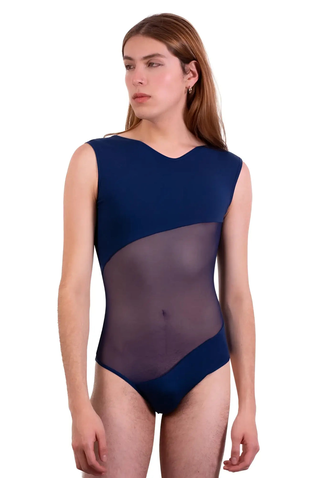 Navy blue sleeveless PLURAL PL002 bodysuit with a sheer mesh panel across the torso made from breathable fabric