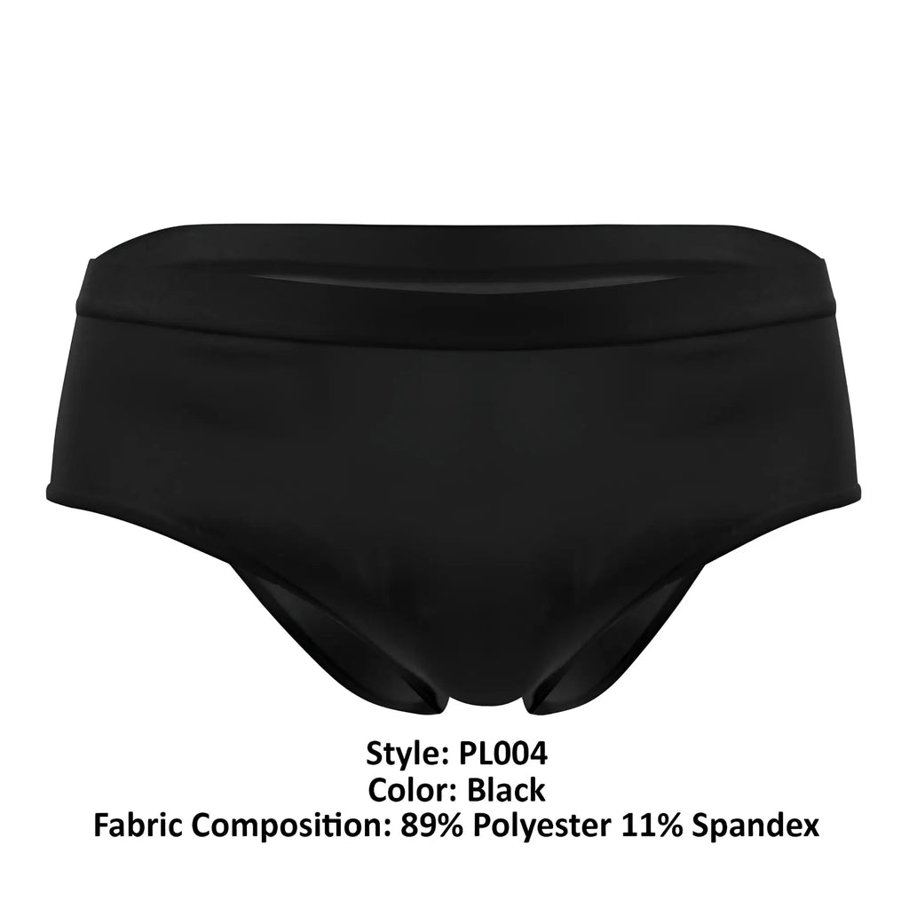 Black plural pl004 briefs swim trunks made of smooth stretchy fabric with 89 percent polyester and 11 percent spandex