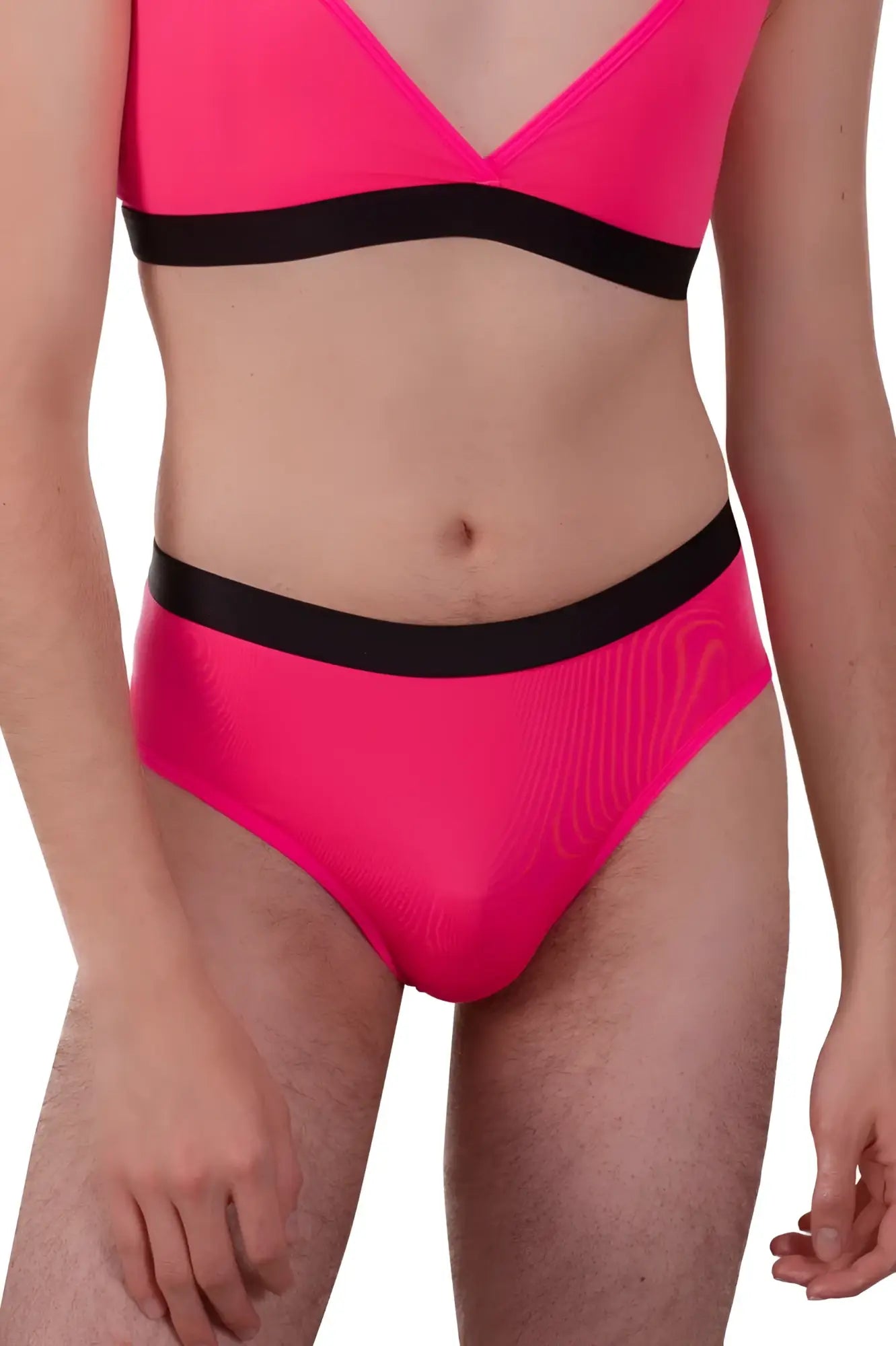 Plural pl004 briefs bright pink bikini bottom with black elastic waistband and subtle textured pattern front view