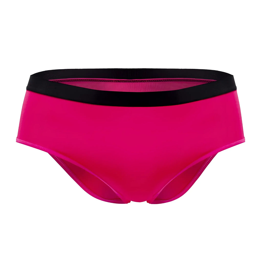 Vibrant fuchsia plural pl004 briefs featuring high-waisted bikini design with contrasting black elastic waistband