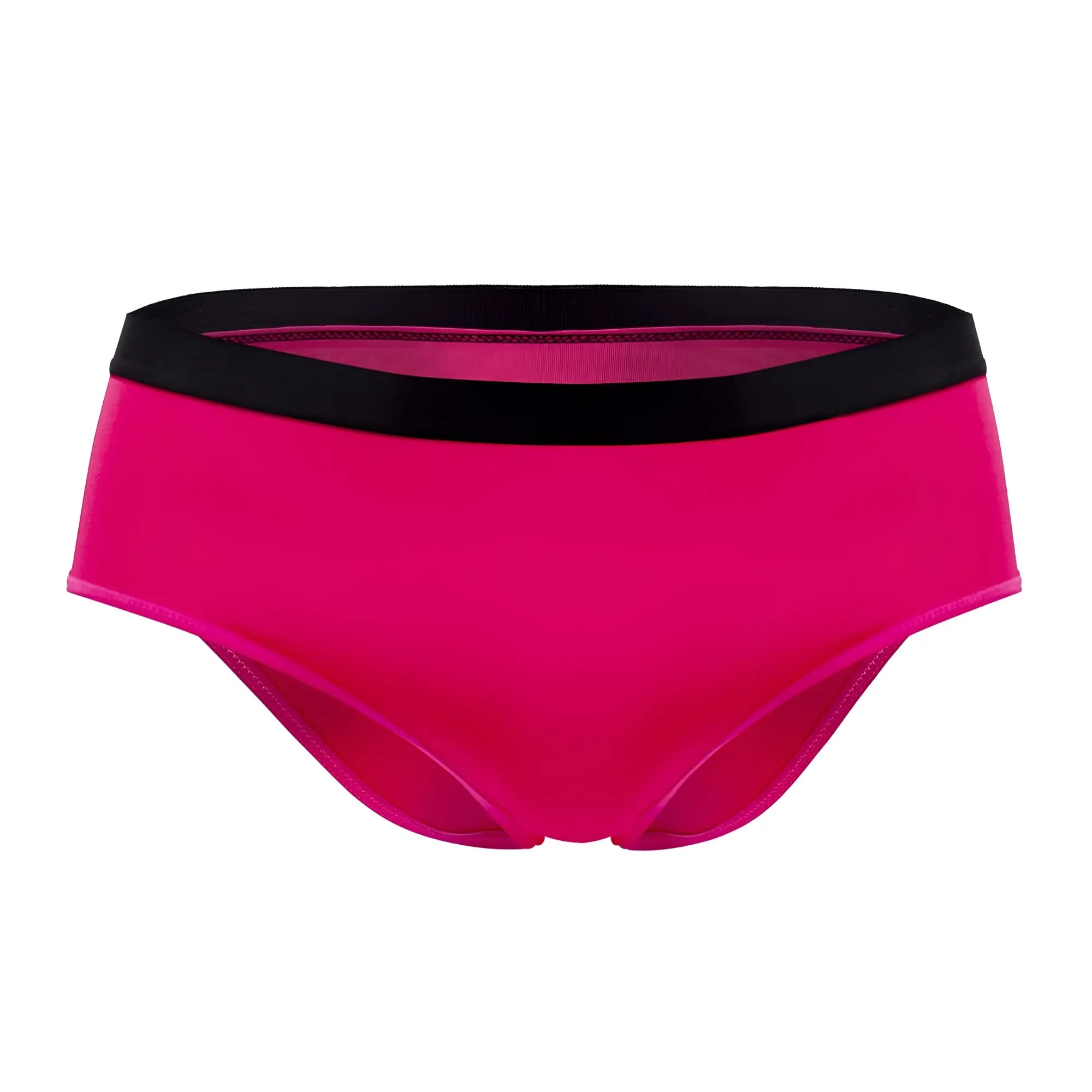 Vibrant fuchsia plural pl004 briefs featuring high-waisted bikini design with contrasting black elastic waistband