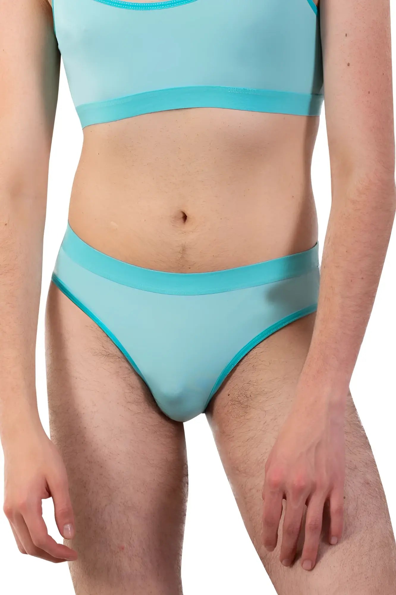 Light blue sheer mesh bikini bottom with turquoise trim in plural pl006 briefs color mint green front side view