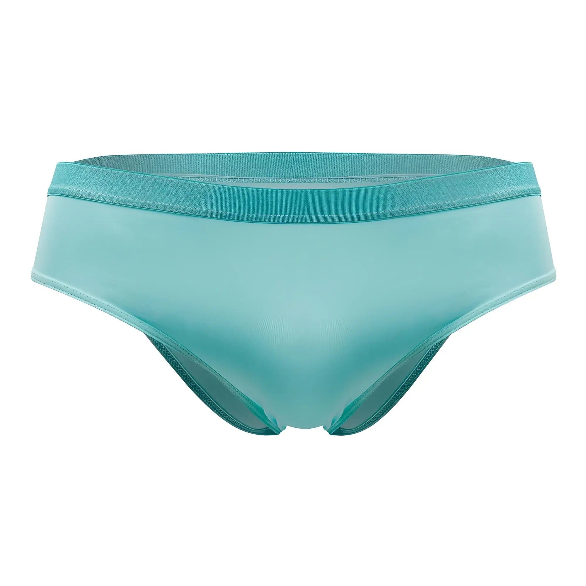 A sleek light teal plural pl006 bikini bottom with satin finish and elastic waistband in mint green color