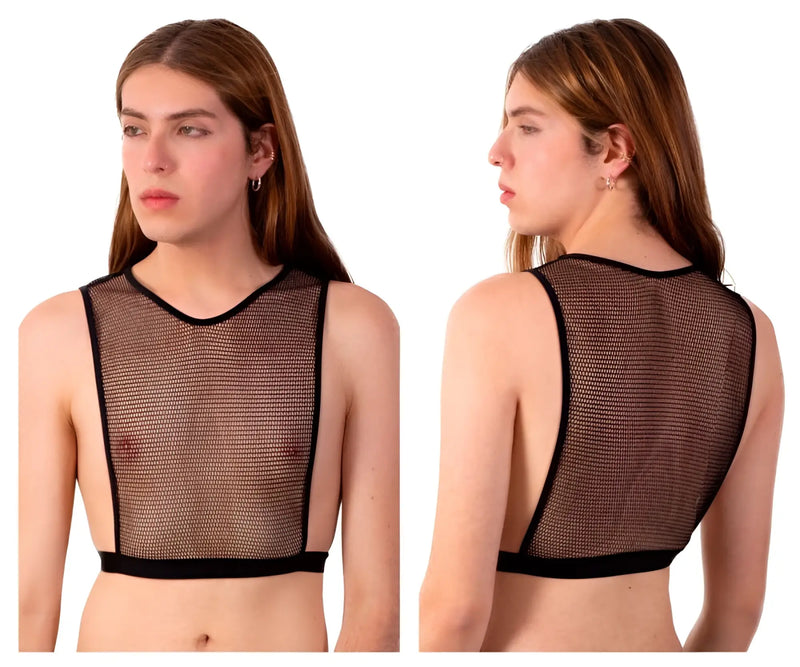 Black mesh crop top plural pl007 with high neckline and back cutout showing back side of the product