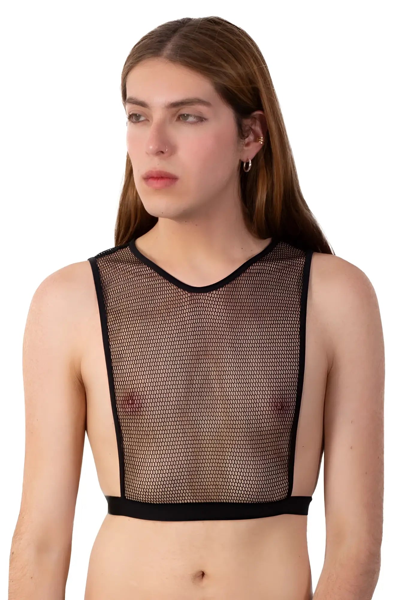 Black mesh plural pl007 crop top with round neckline and elasticated waistband for stylish casual wear
