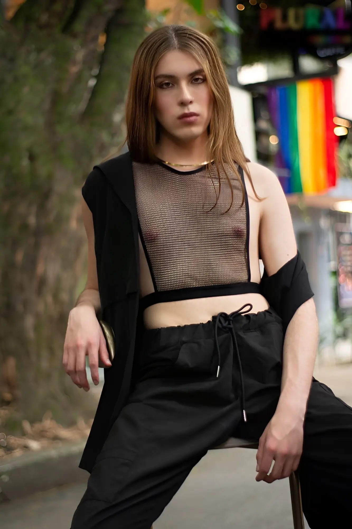 Black mesh PLURAL PL007 crop top with sheer semi-transparent fabric and a fitted design