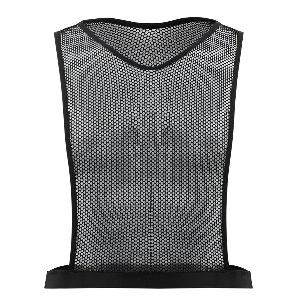 Black mesh training vest crop top with reinforced elastic trim for athletic use in color black