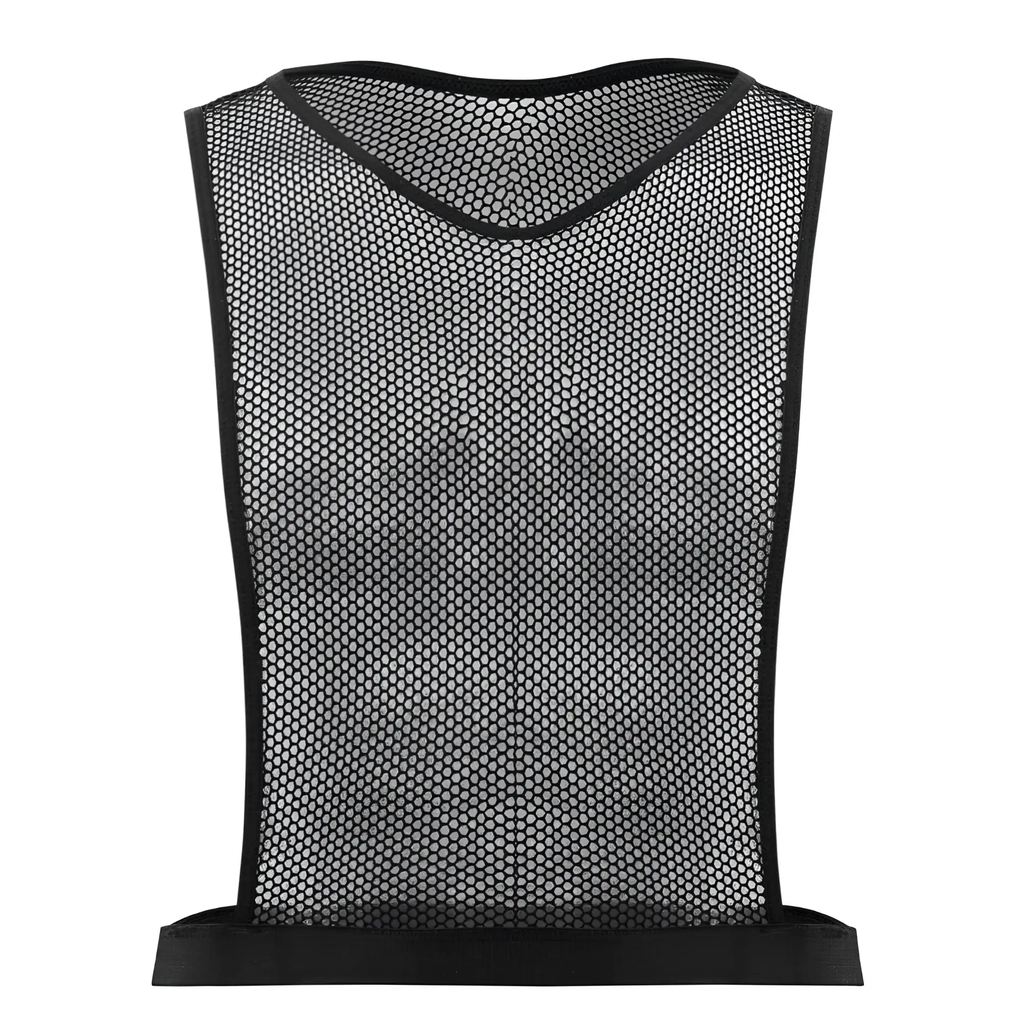 Black mesh training vest crop top with reinforced elastic trim for athletic use in color black