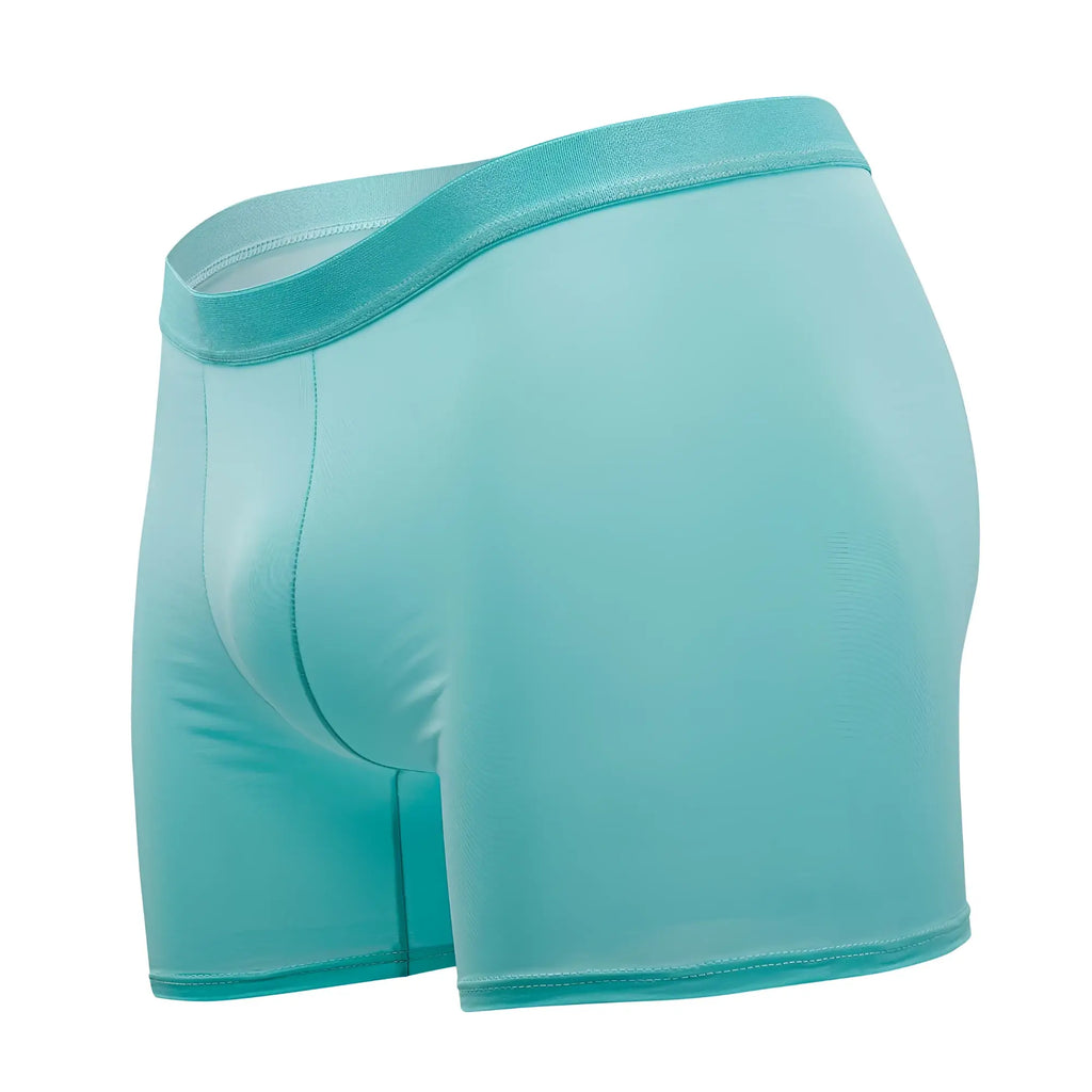 A pair of mint green plural pl008 trunks made of smooth fabric with a form fitting design and elastic waistband