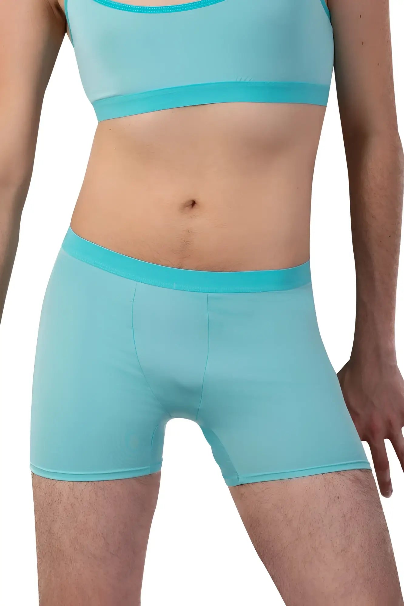 Turquoise seamless boxer briefs with matching waistband in mint green color for comfortable everyday wear