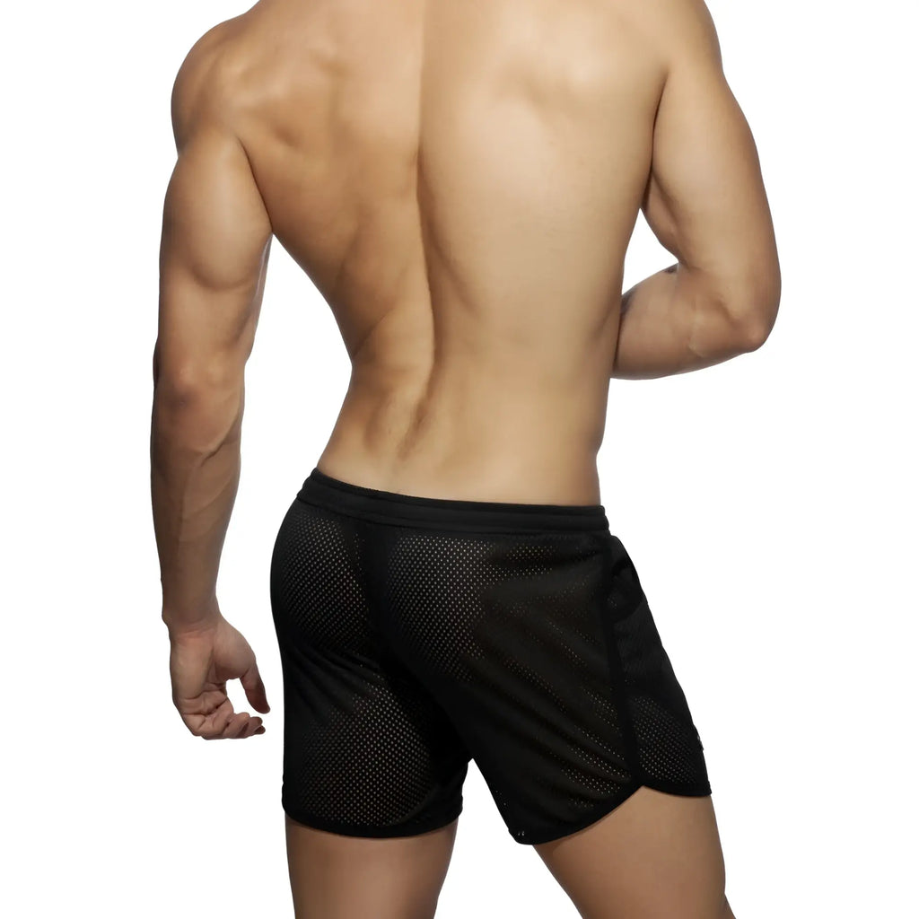 Black mesh long athletic shorts with solid waistband and pockets designed for comfortable active wear