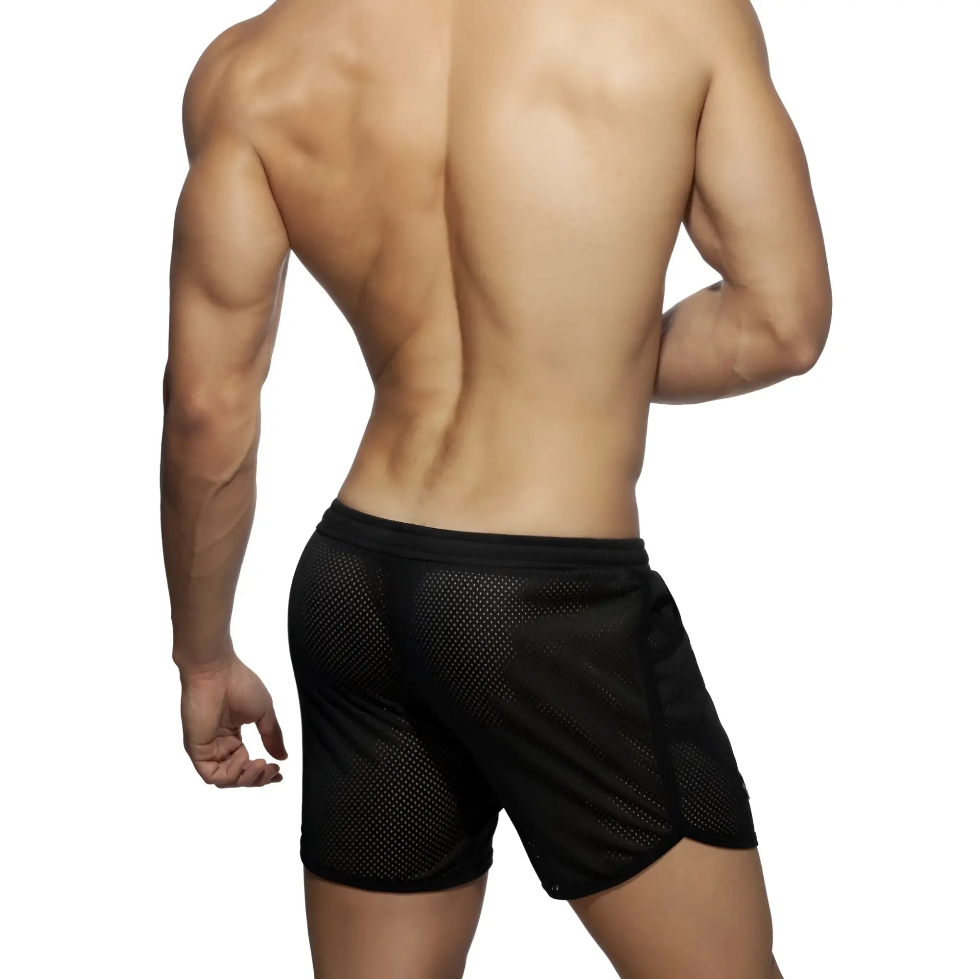 Black mesh long athletic shorts with solid waistband and pockets designed for comfortable active wear