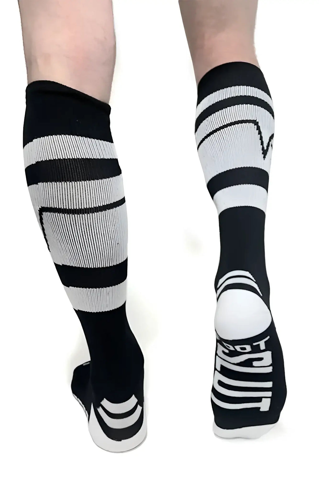 Black and white striped knee-high pocket socks with athletic design and tuscany lettering on the heel back side