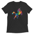 Black short-sleeved t-shirt with a vibrant geometrically stylized rainbow unicorn design called polygon unicorn