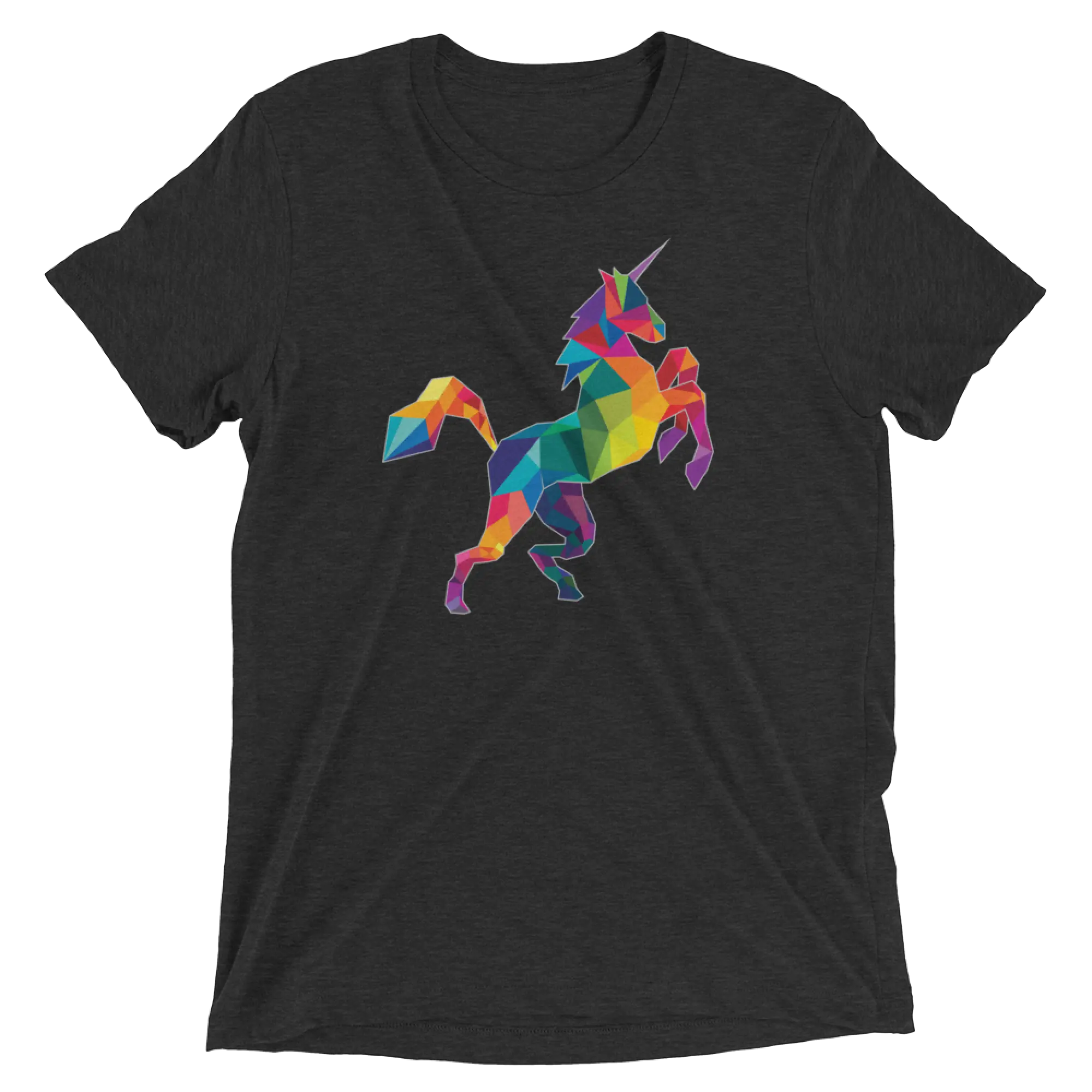Black short-sleeved t-shirt with a vibrant geometrically stylized rainbow unicorn design called polygon unicorn