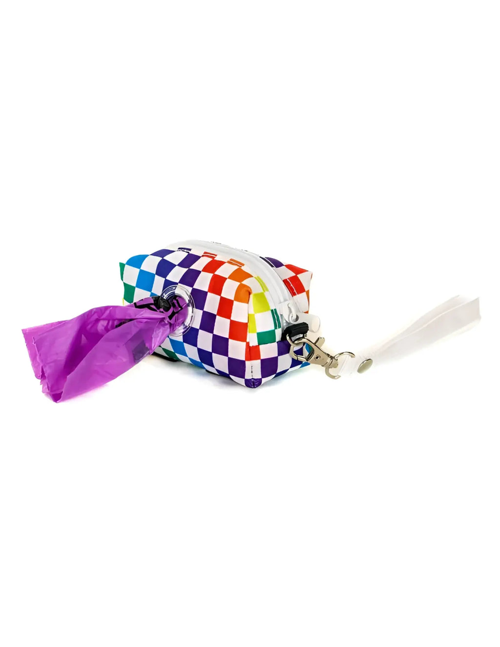Poopy Cute doggy waste bag holder with rainbow checkered dispenser, purple plastic bag, and white strap for pets