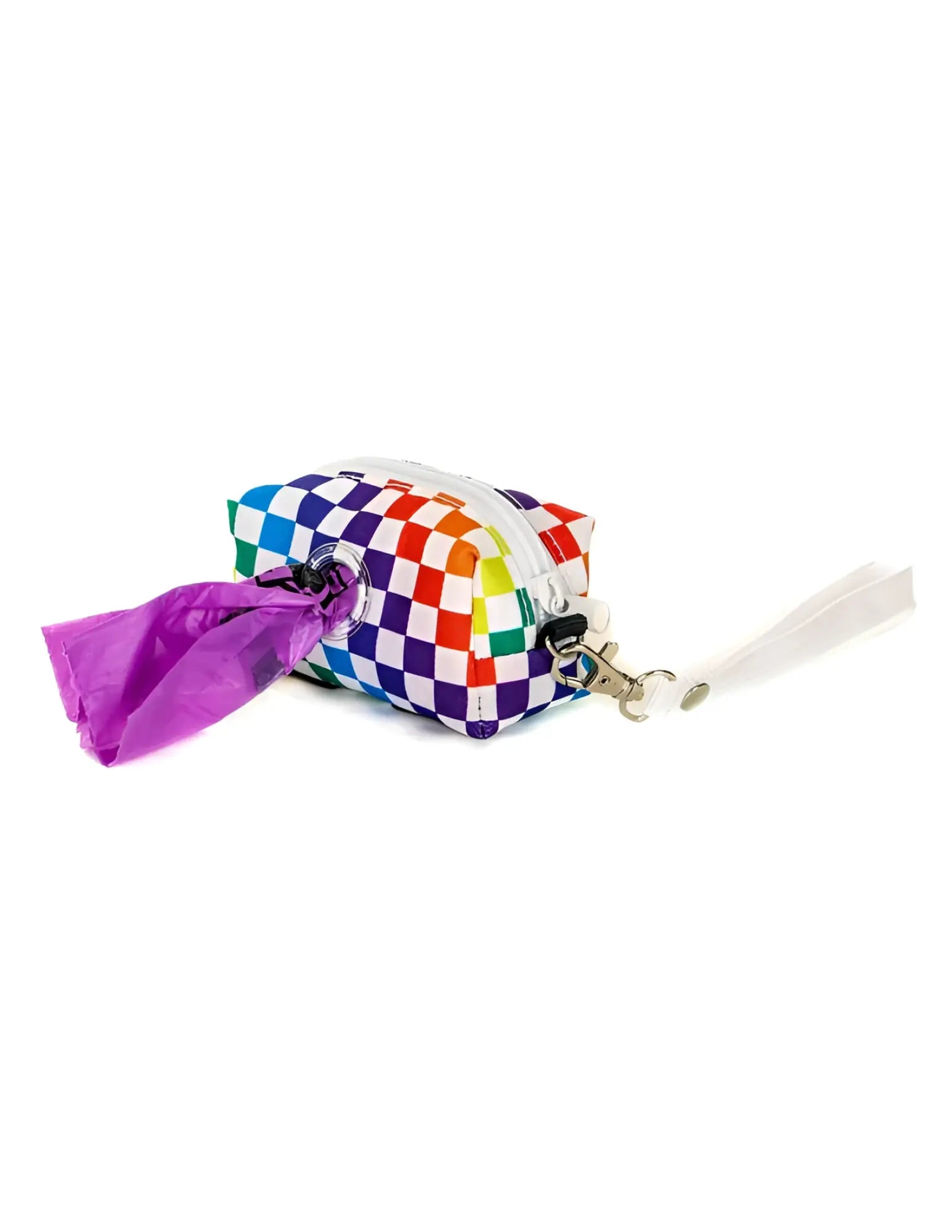 Poopy Cute doggy waste bag holder with rainbow checkered dispenser, purple plastic bag, and white strap for pets