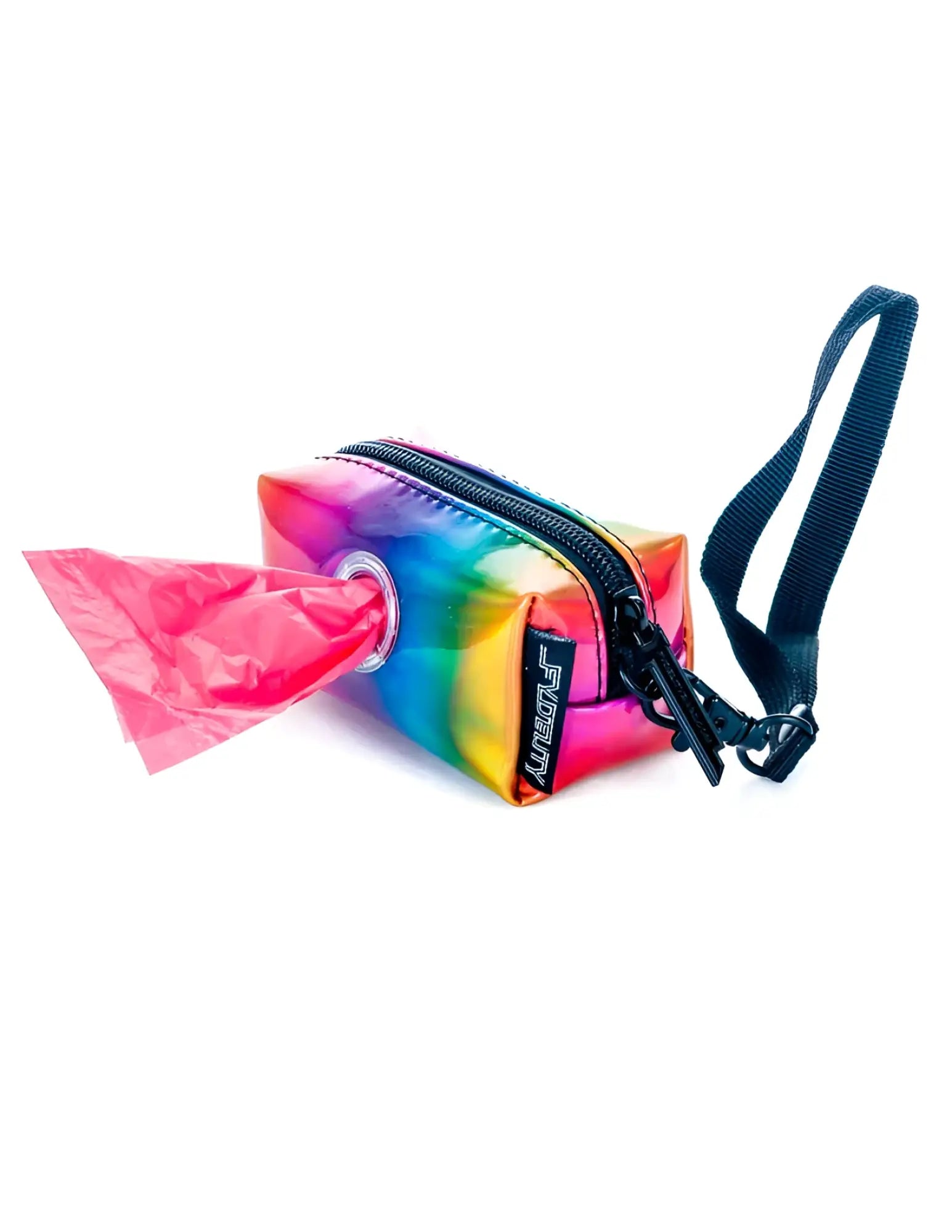 Poopy cute doggy waste bag holder glossy rainbow-colored plastic with black wrist strap and zipper for pet waste