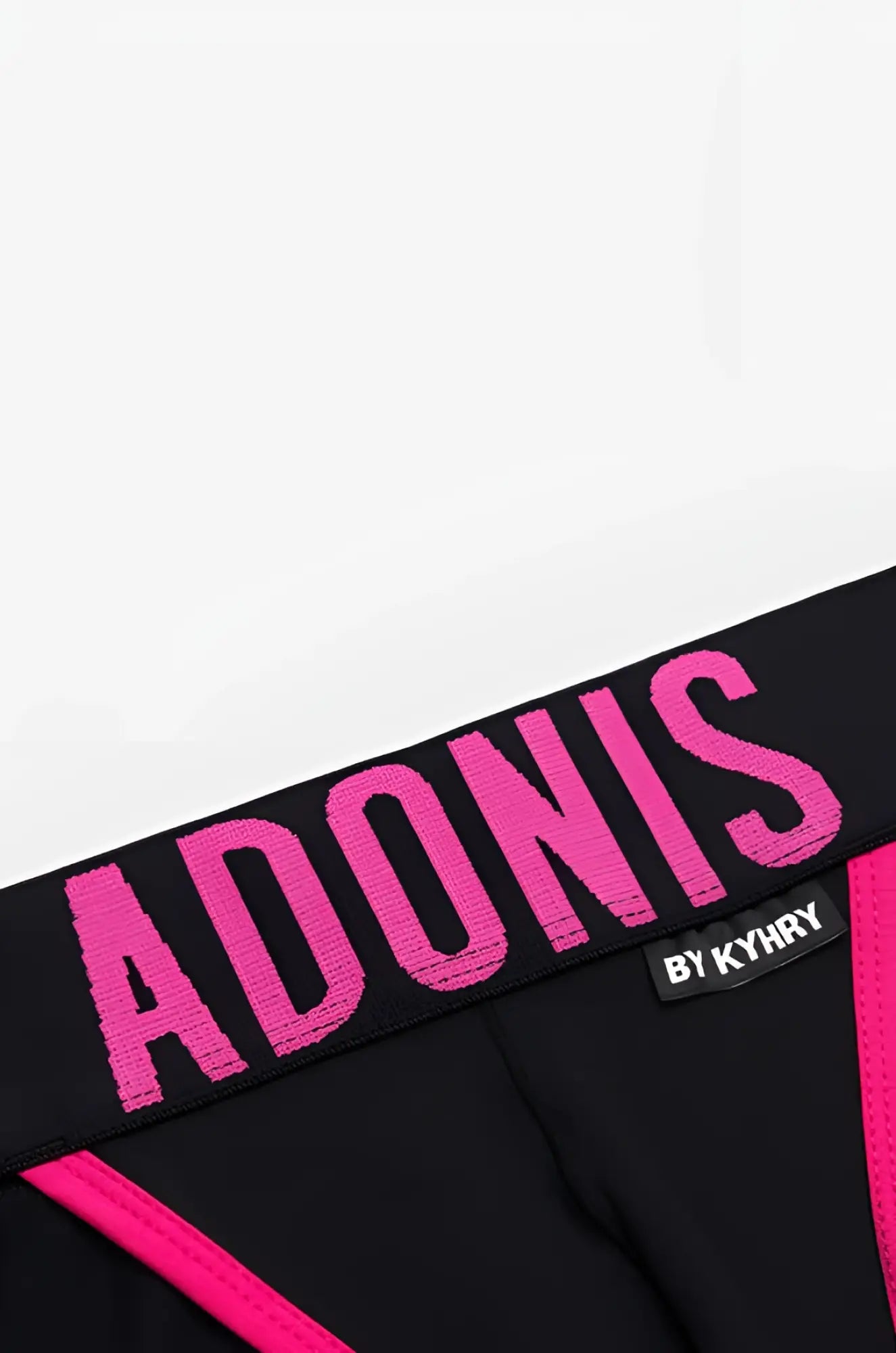 Black athletic briefs with bold pink adonis lettering and matching pink trim pop black and pink jock-brief