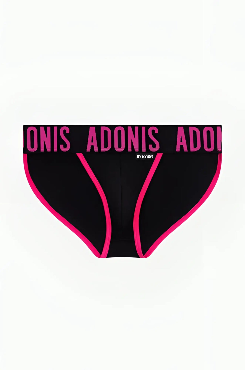 Black briefs with bold pink trim and adonis printed on the waistband from the Pop Black and Pink Jock-Brief collection