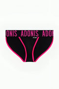 Black briefs with bold pink trim and adonis printed on the waistband from the Pop Black and Pink Jock-Brief collection