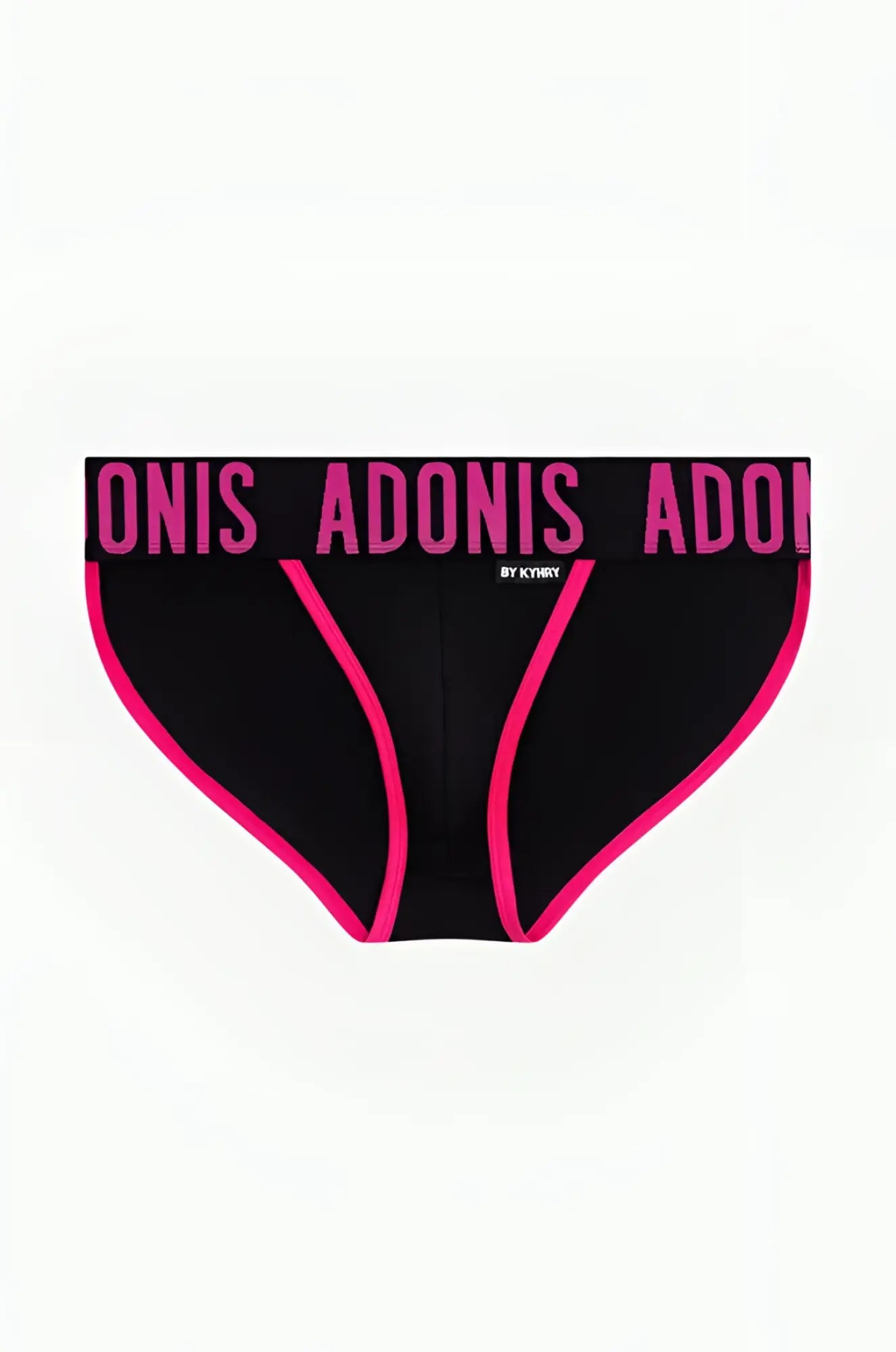 Black briefs with bold pink trim and adonis printed on the waistband from the Pop Black and Pink Jock-Brief collection