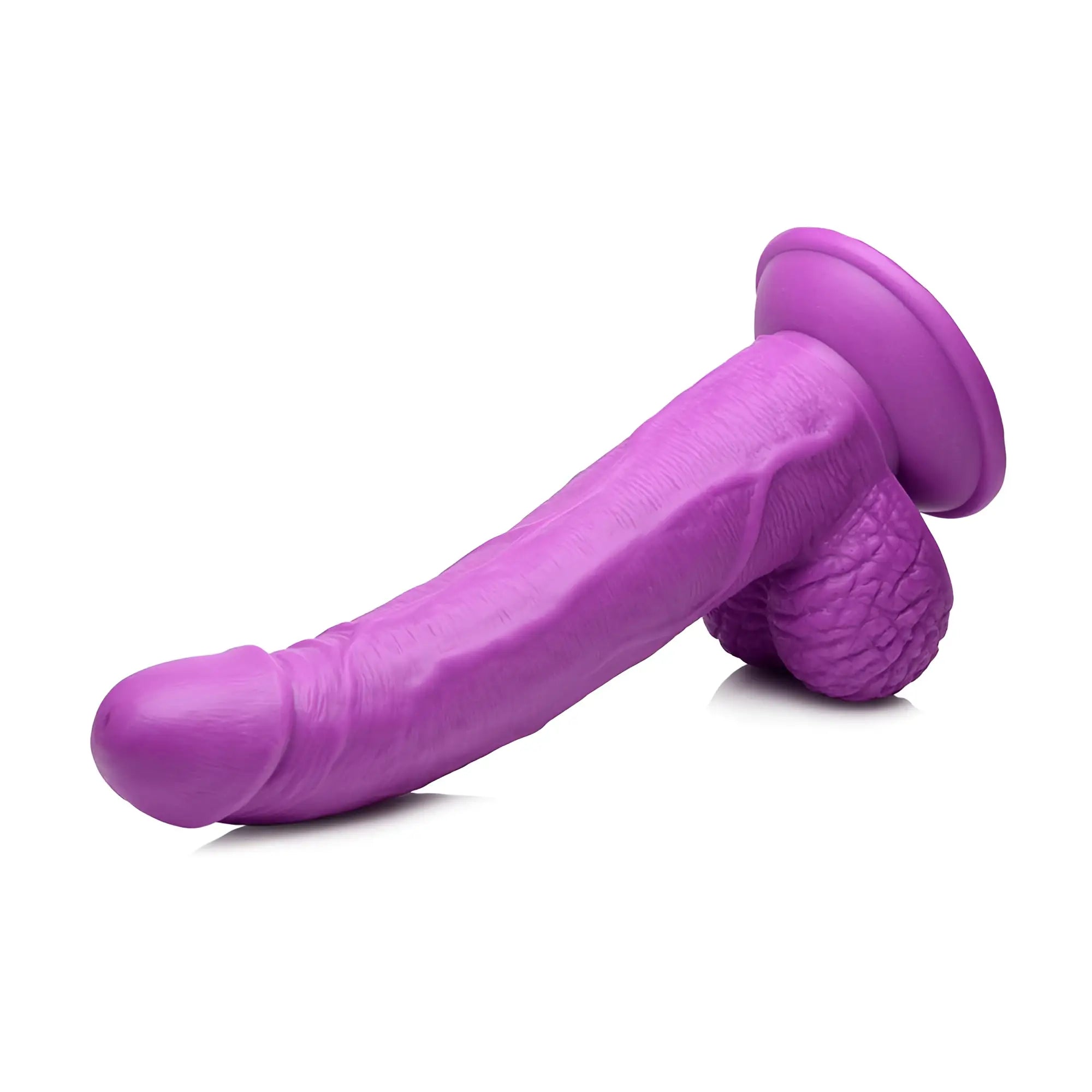 Pop Peckers 7.5-inch purple curved dildo with textured balls and a suction cup base on a white background.