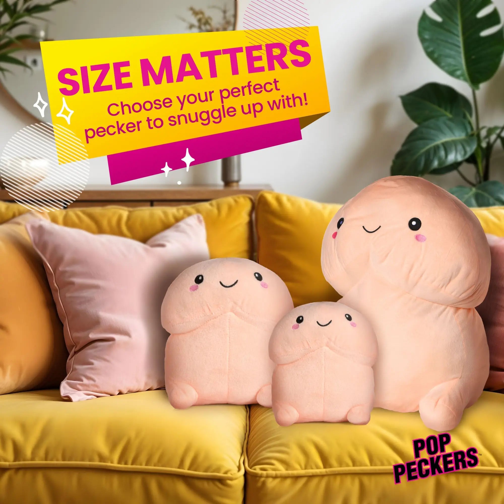 Pop Peckers Chibi Happy Peckers plush pillows in various sizes, light pink with cute smiling faces on a yellow couch.