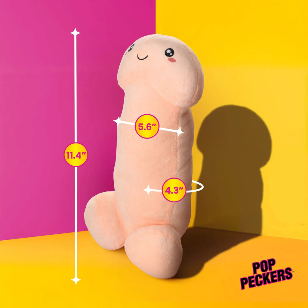 Pop Peckers Happy Peckers plush pillow in peach, featuring a cute smiling face and dimension labels on a color background.