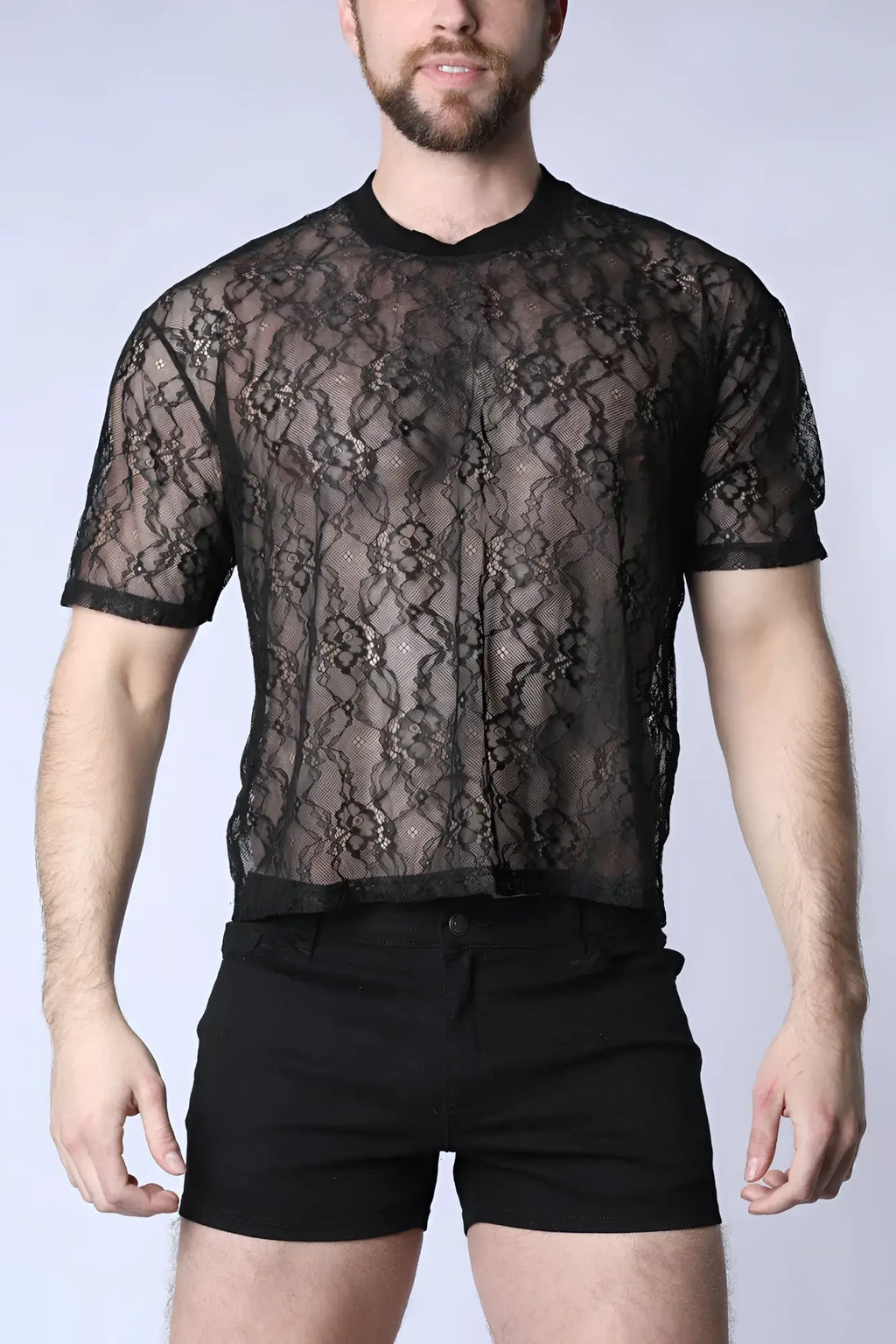 Black lace cropped t-shirt with short sleeves floral pattern and sheer fabric in the positano lace style