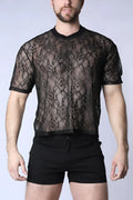 Black lace cropped t-shirt with short sleeves floral pattern and sheer fabric in the positano lace style