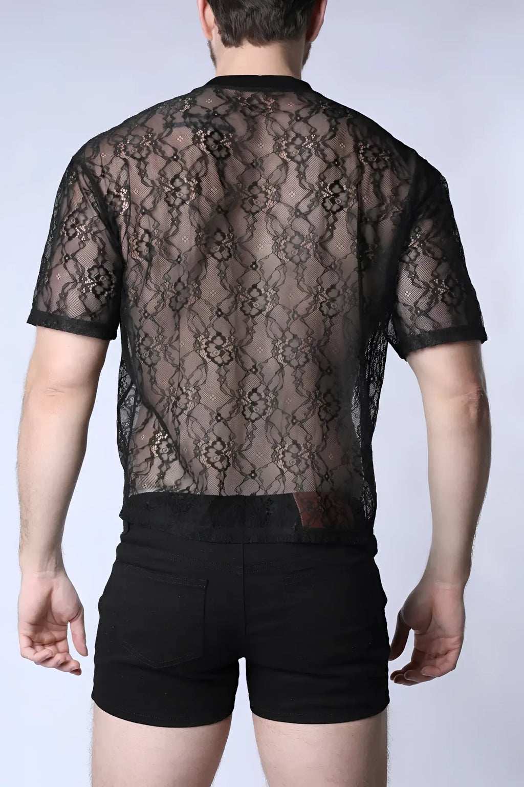 Black lace cropped t-shirt with short sleeves and floral sheer fabric perfect for stylish casual wear
