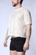 White lace cropped t-shirt with delicate floral pattern and short sleeves in a positano lace style