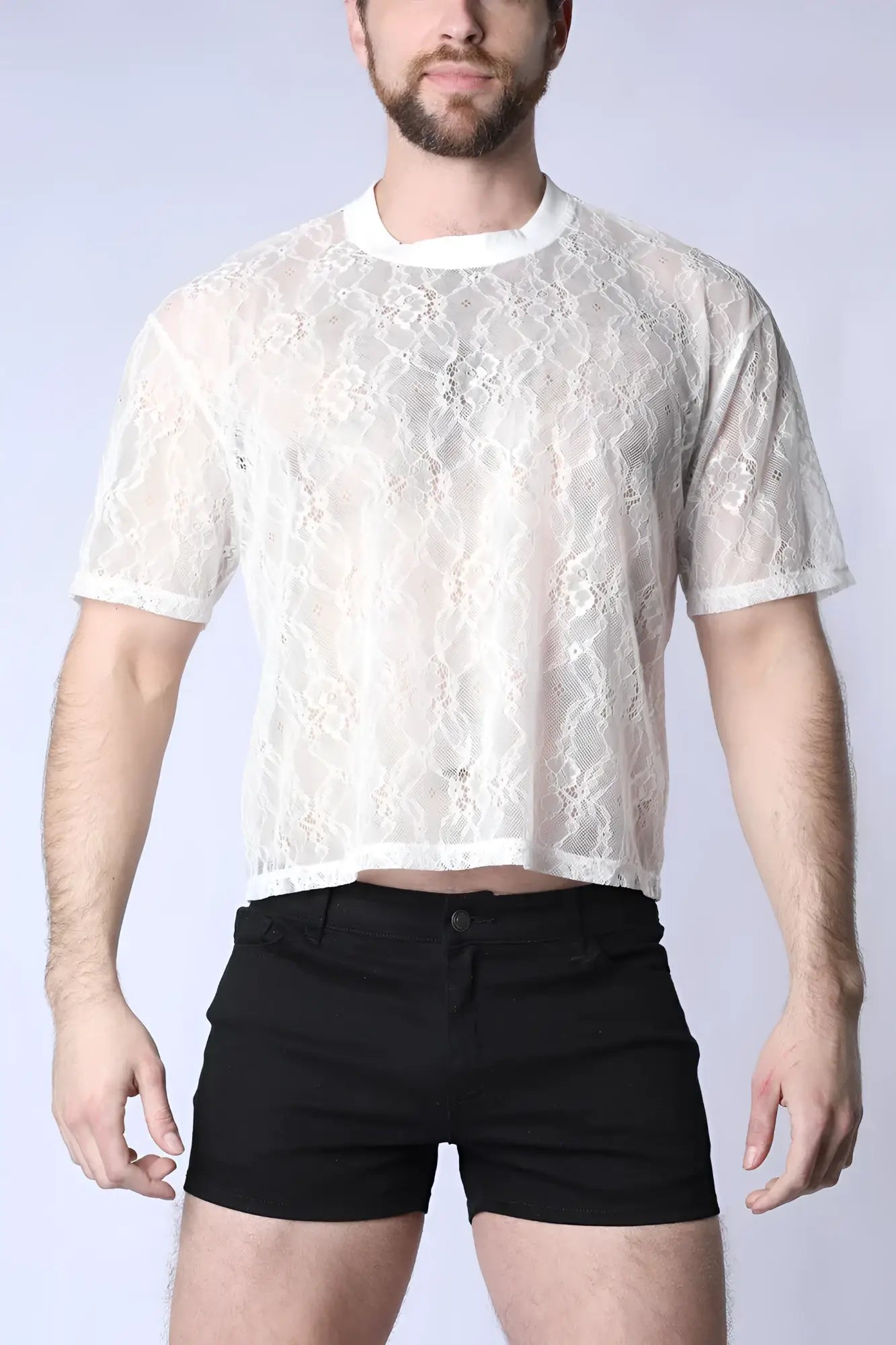 White lace short-sleeved crop top made of delicate lace fabric perfect for stylish summer wear