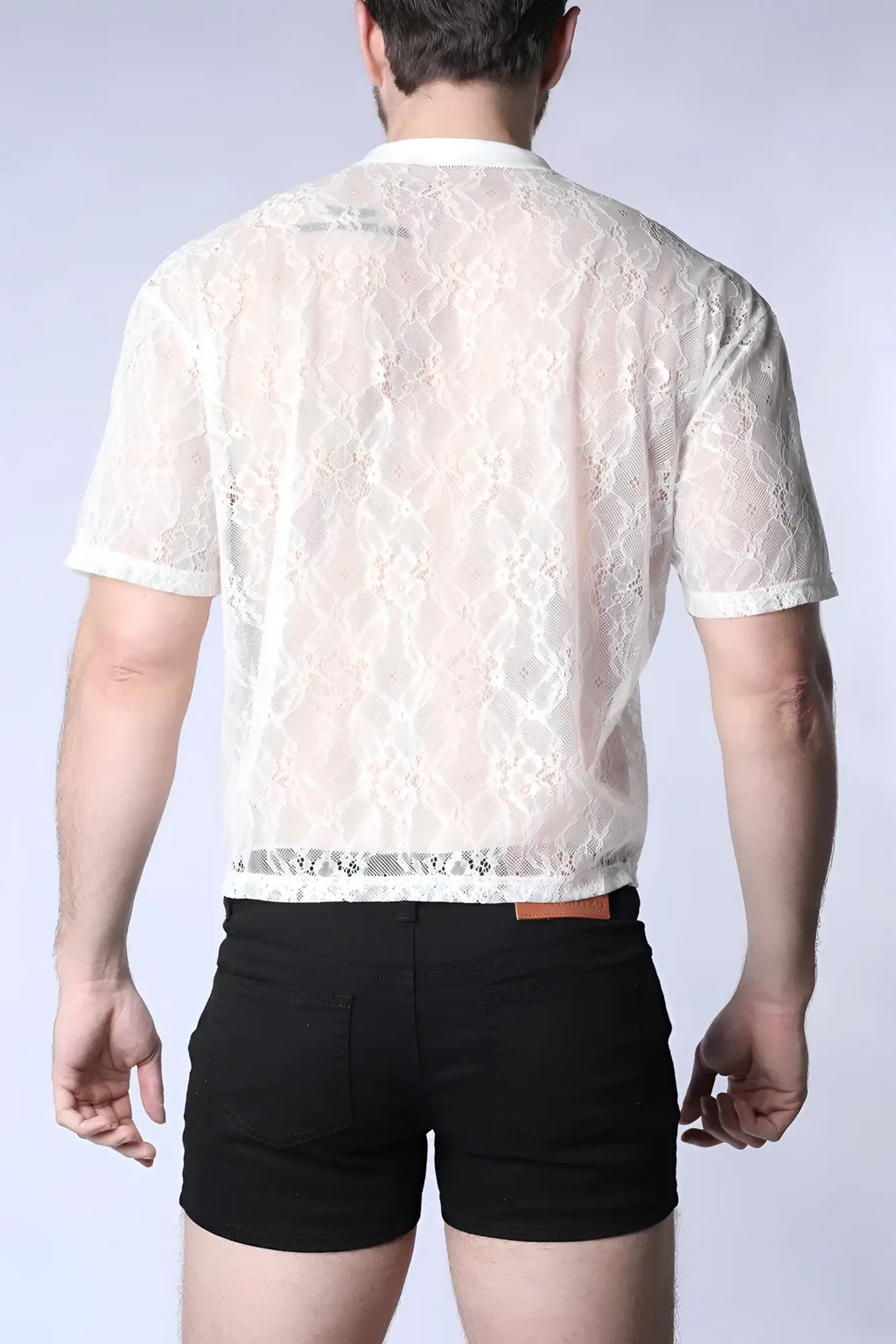 White lace short-sleeved positano lace cropped t-shirt with a delicate floral pattern and a fitted cut