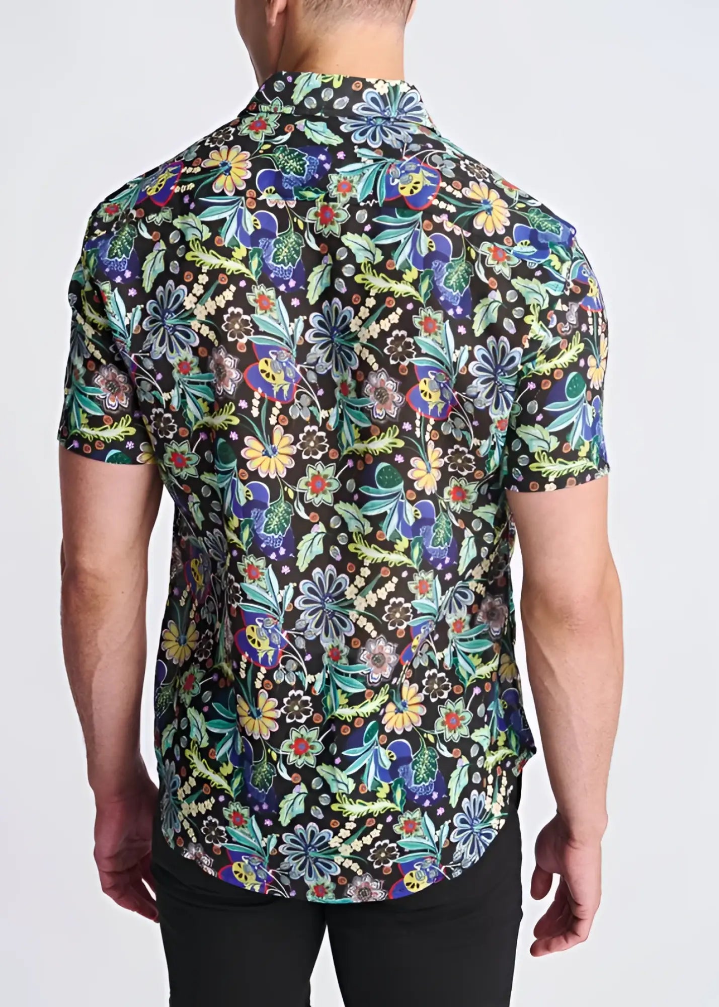 Floral lightweight linen tencel short-sleeved shirt with vibrant blue green yellow purple floral pattern on black background