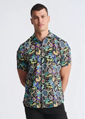 A vibrant short-sleeved floral lightweight linen tencel shirt with multicolored pattern on dark background