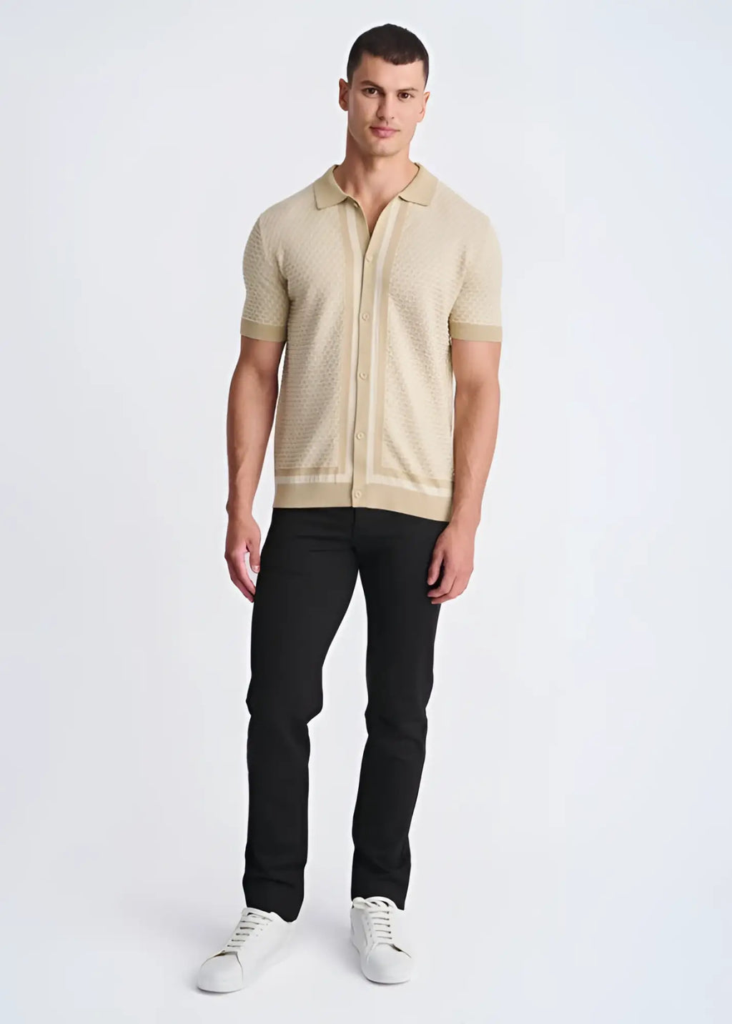 Beige honeycomb textured knit polo shirt with short sleeves and button front perfect for casual wear