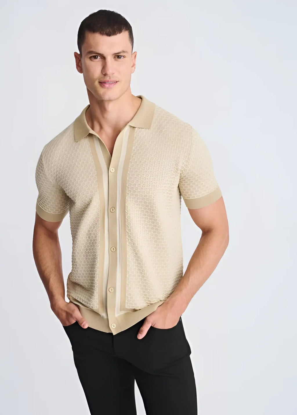 Beige short-sleeved knit polo shirt with honeycomb textured pattern and matching collar in soft knit fabric