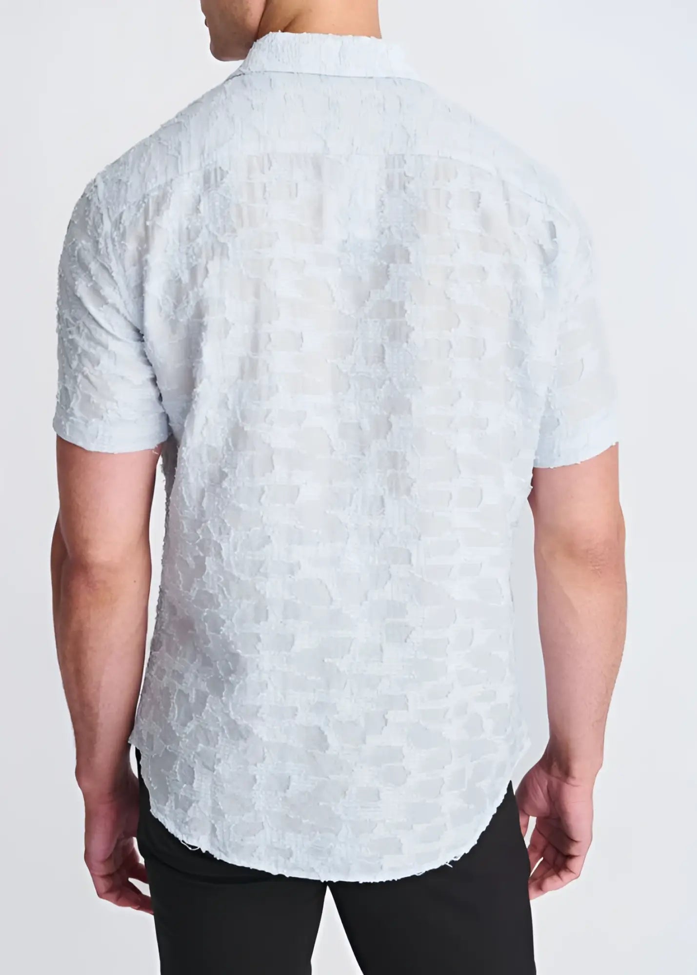 A light blue lightweight jacquard short-sleeved shirt with a subtle textured pattern for casual wear