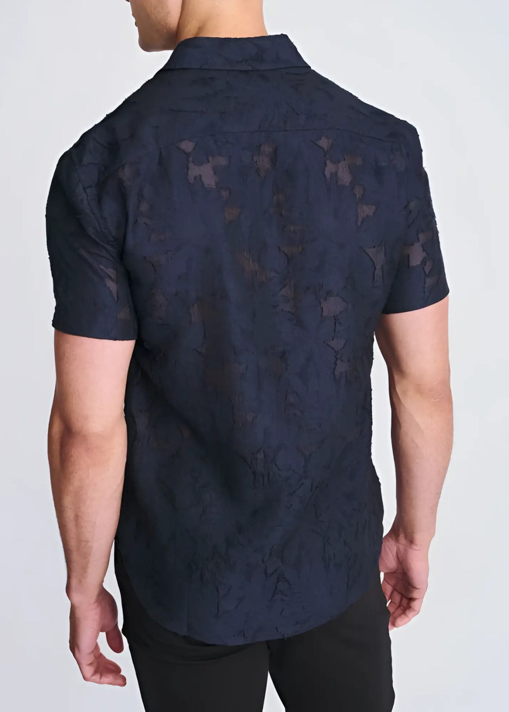 Dark navy lightweight jaquard short-sleeved button-down shirt with a subtle textured pattern