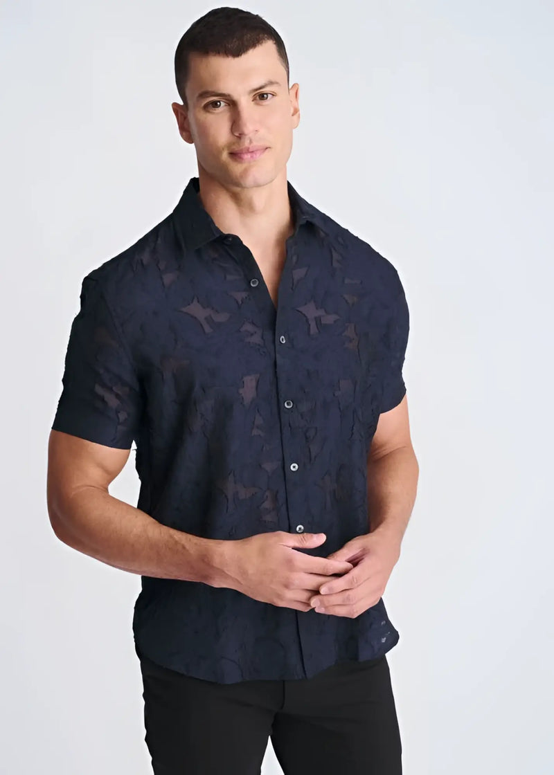 Lightweight jaquard short-sleeved button-up shirt in dark navy with a subtle textured pattern for casual wear