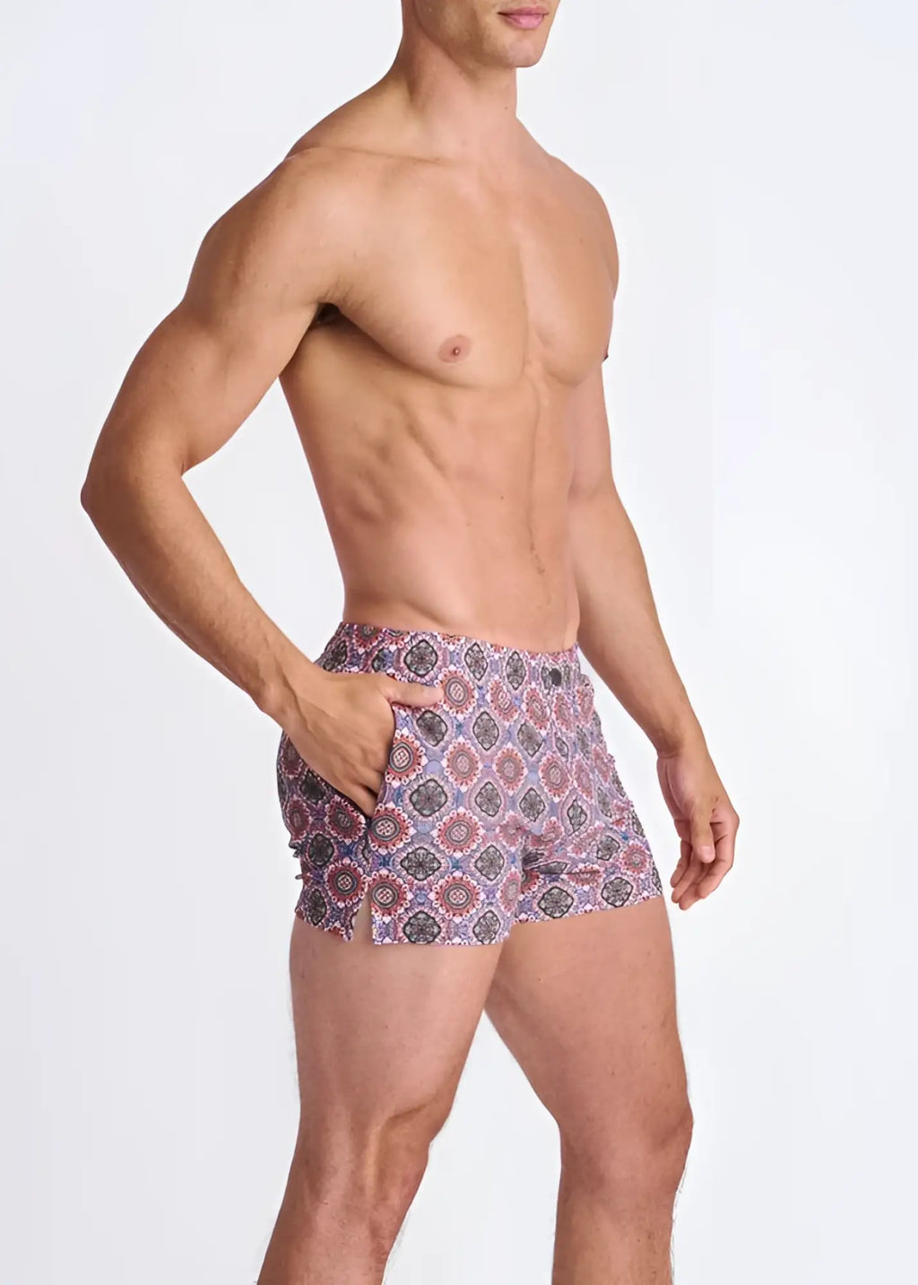 Medallions seersucker swim shorts with mesh lining featuring purple red and gray geometric patterned trunks