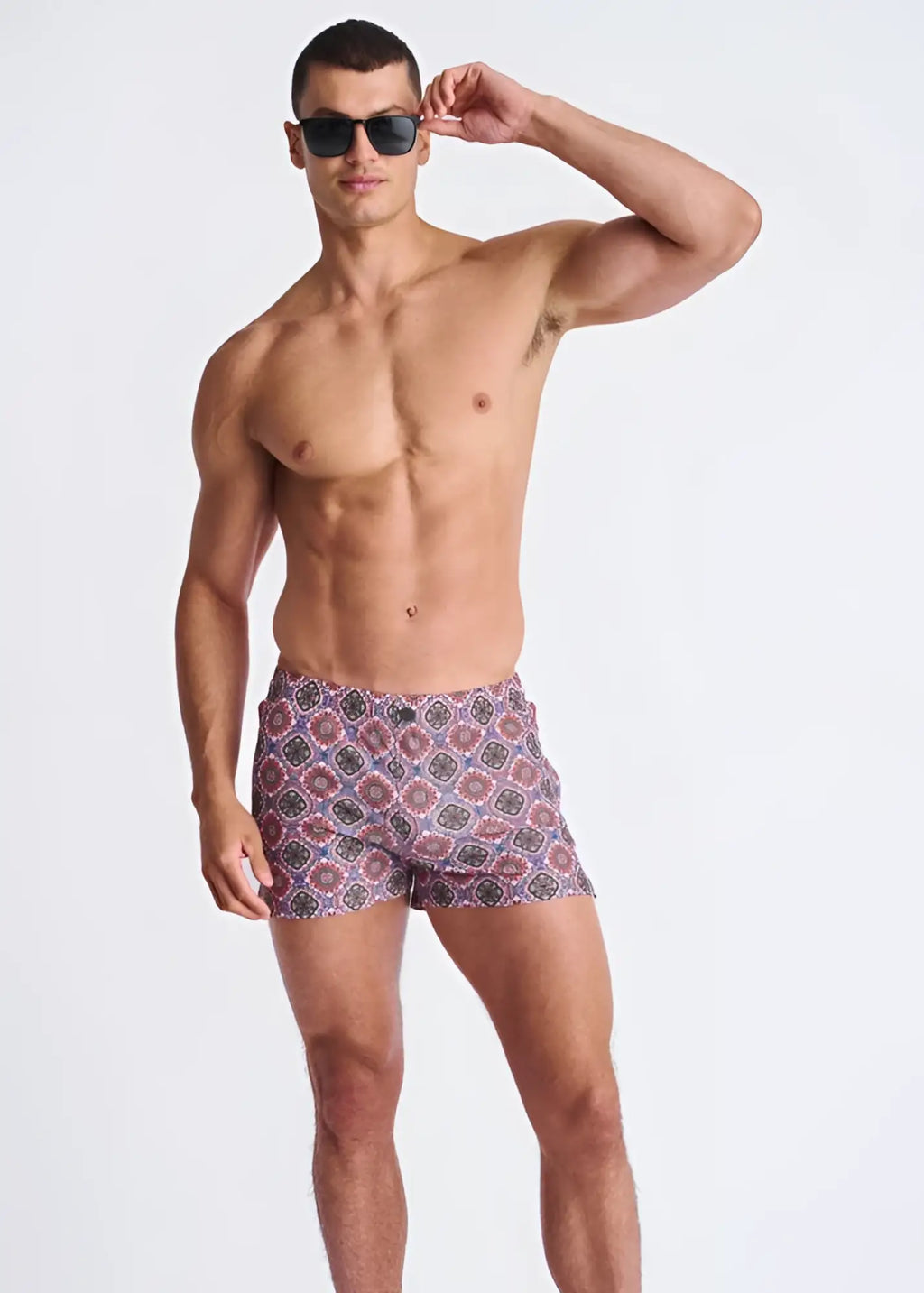 Medallions seersucker swim shorts with mesh lining featuring burgundy navy blue and cream geometric pattern design
