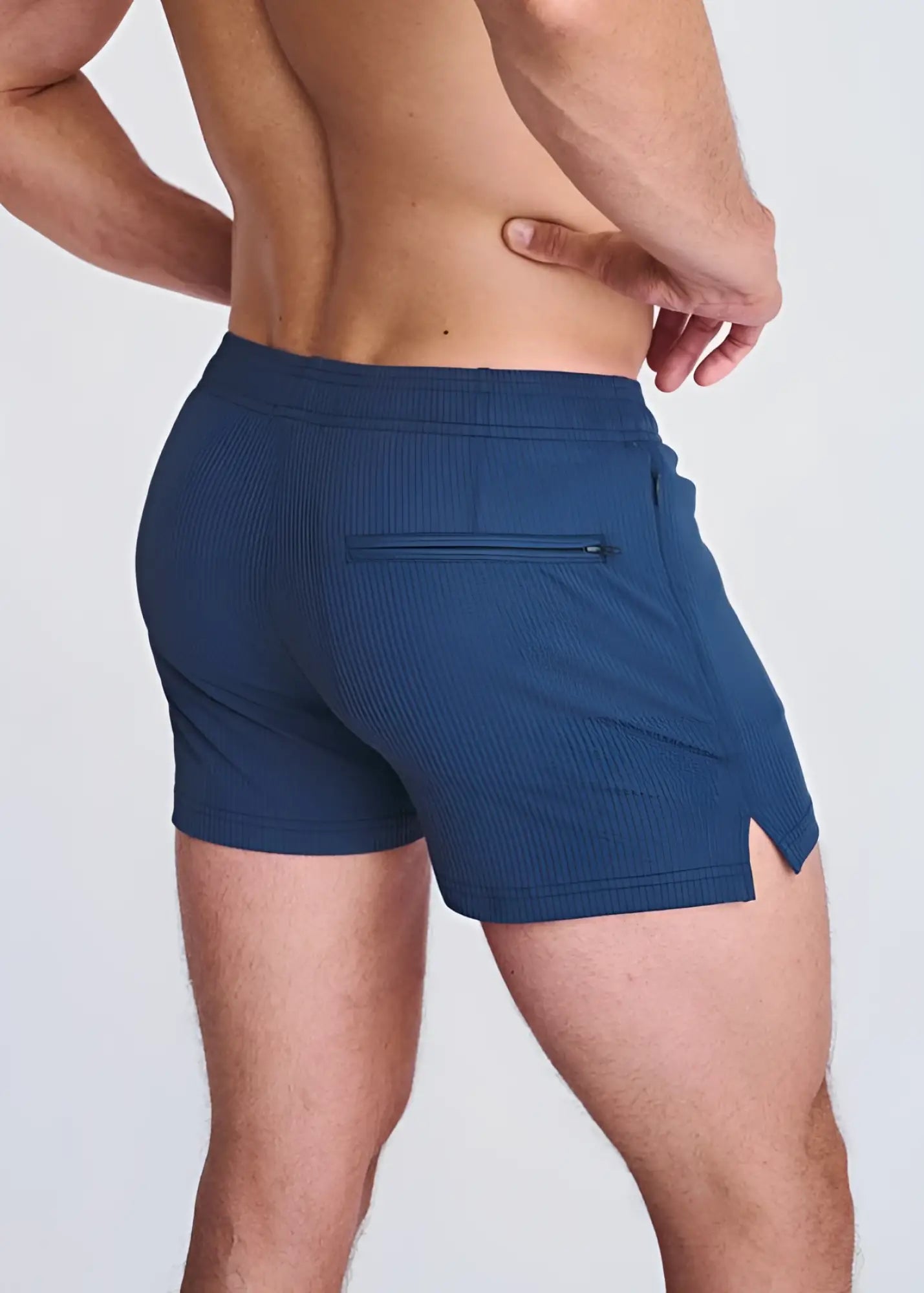 Navy blue riviera seersucker swim shorts with textured fabric mesh lining side zip pocket and hem cutout